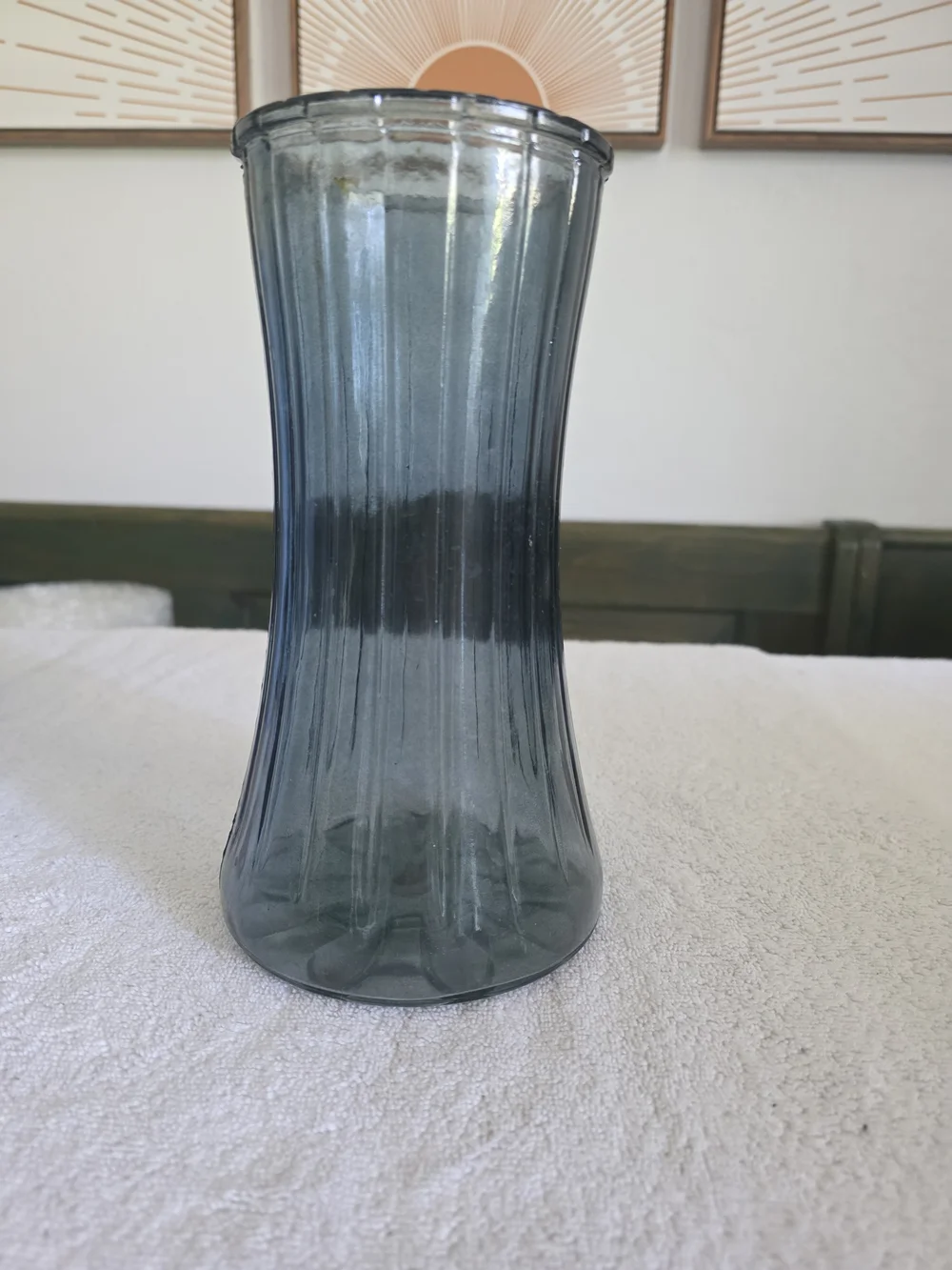Vintage Smoky Blue Glass Vase, Ribbed Hourglass Shape with Teardrop Footed Base